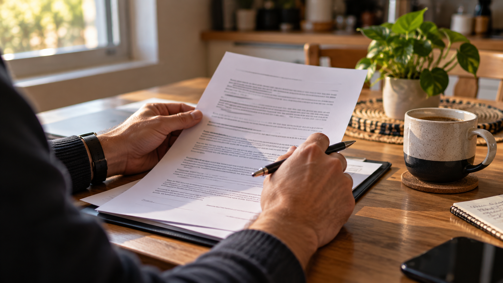 Persona leyendo un contrato de seguro sobre una mesa
