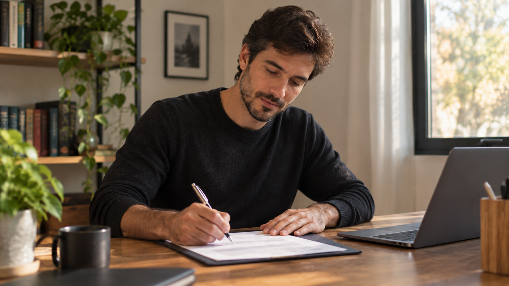 Persona joven firmando un documento en un escritorio