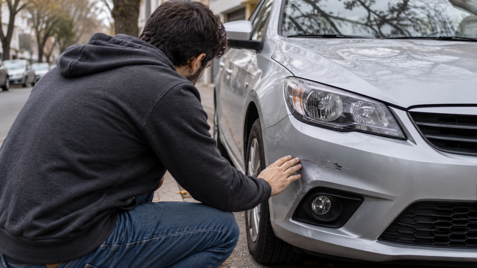 Persona revisando el daño de un choque leve en su auto