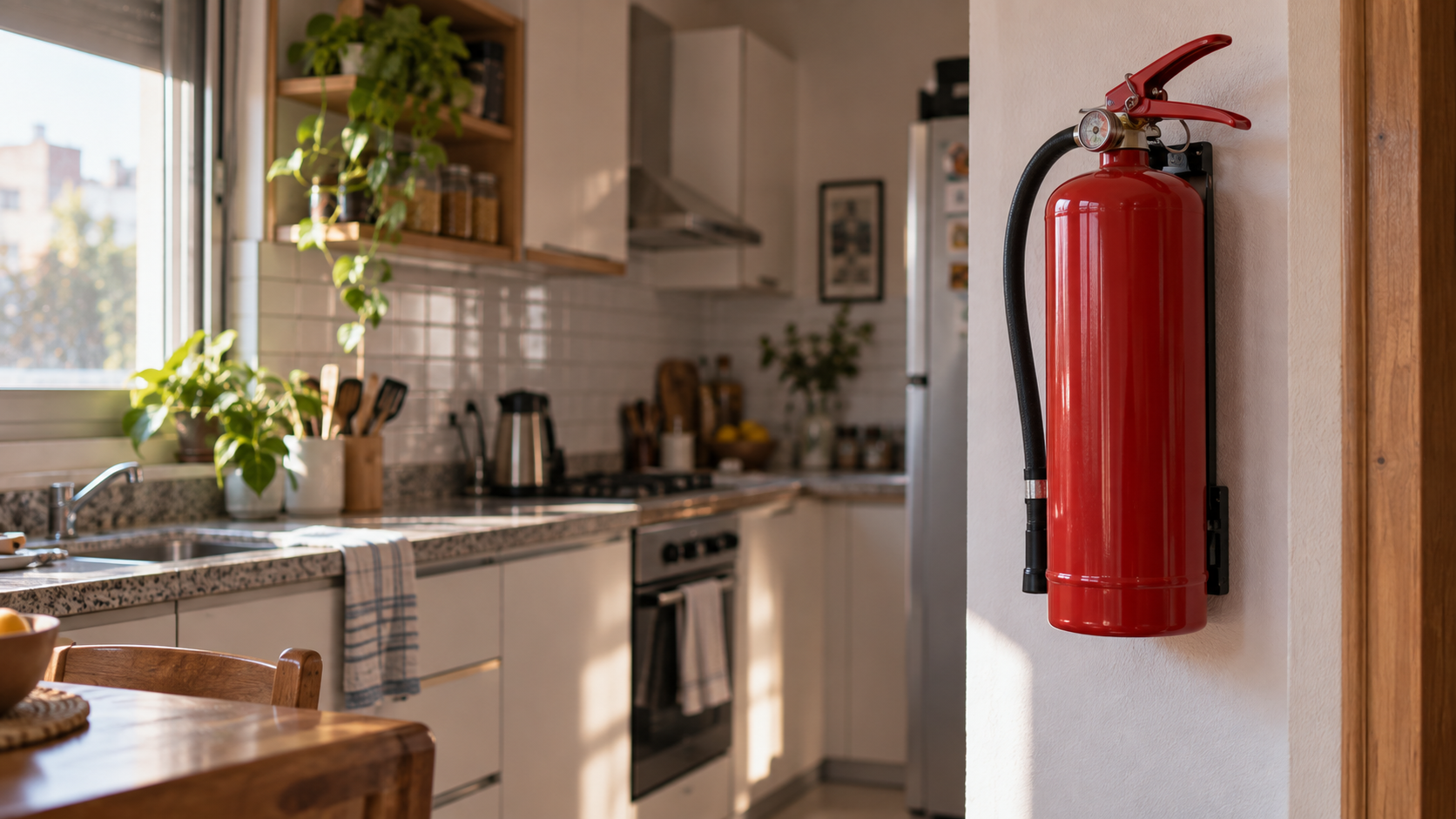 Matafuego doméstico montado en la pared de una cocina