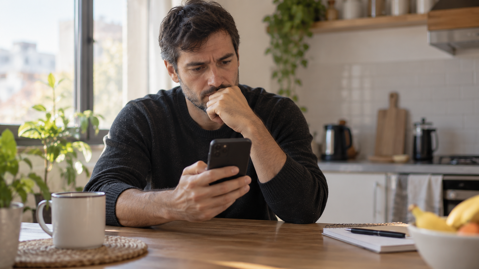Persona revisando una notificación de pago vencido en su celular