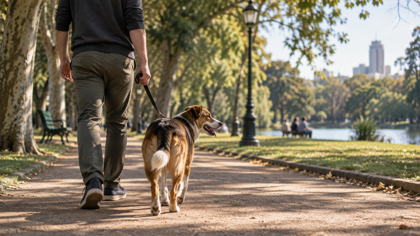 Perro con correa junto a su dueño en una plaza de Buenos Aires