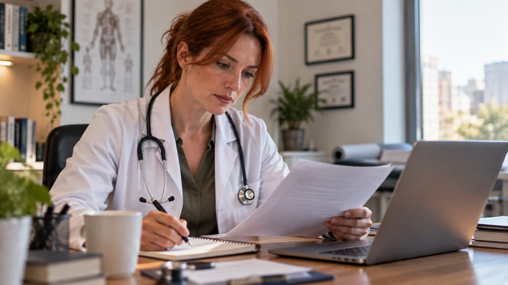 Médica en su consultorio revisando documentos con una notebook