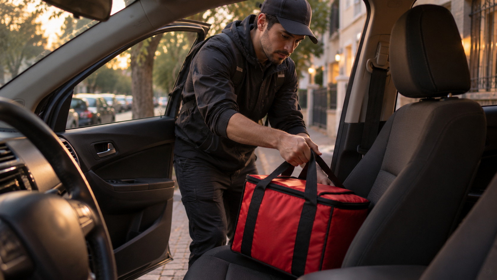 Auto con caja de delivery en el asiento del acompañante estacionado en una calle de Buenos Aires