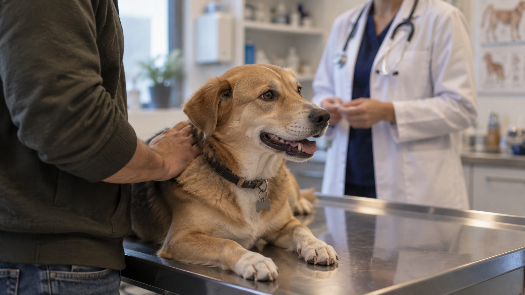 Perro en una consulta veterinaria junto a su dueño