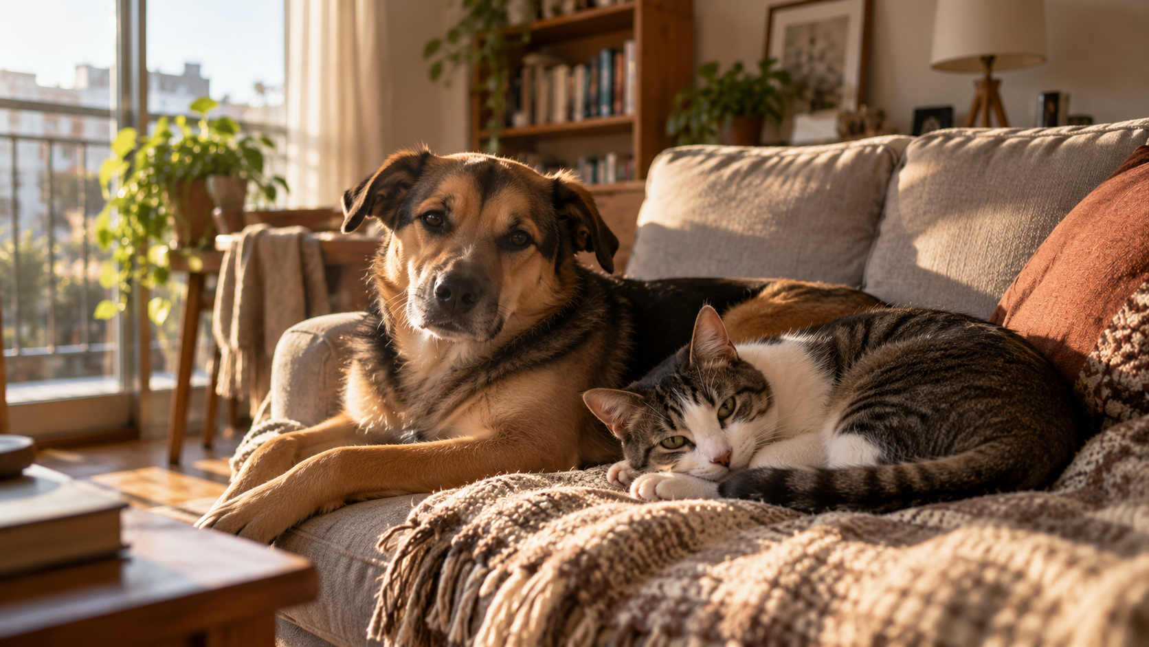 Perro y gato juntos en un living de una casa en Buenos Aires
