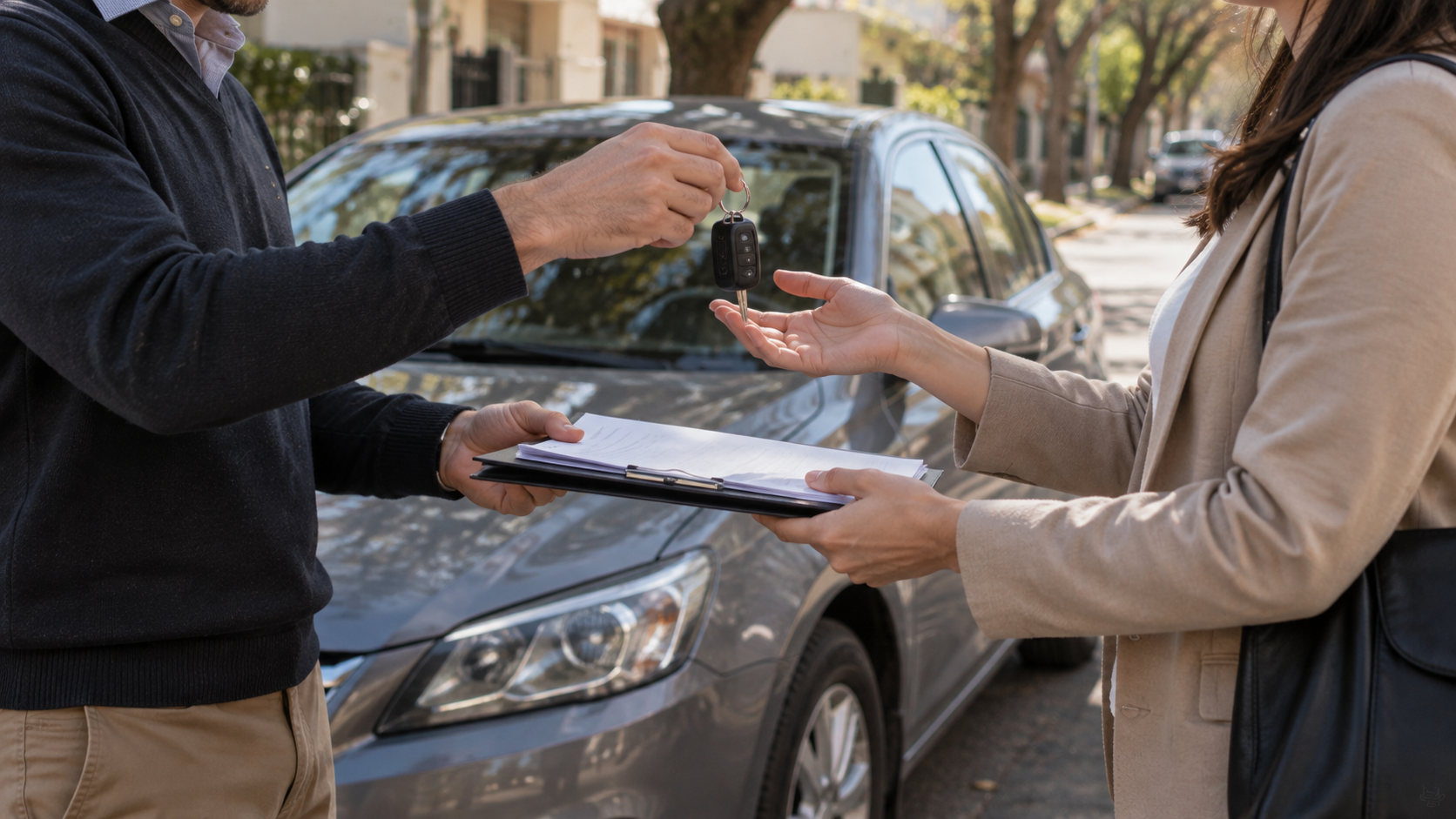 Dos personas entregando las llaves de un auto usado