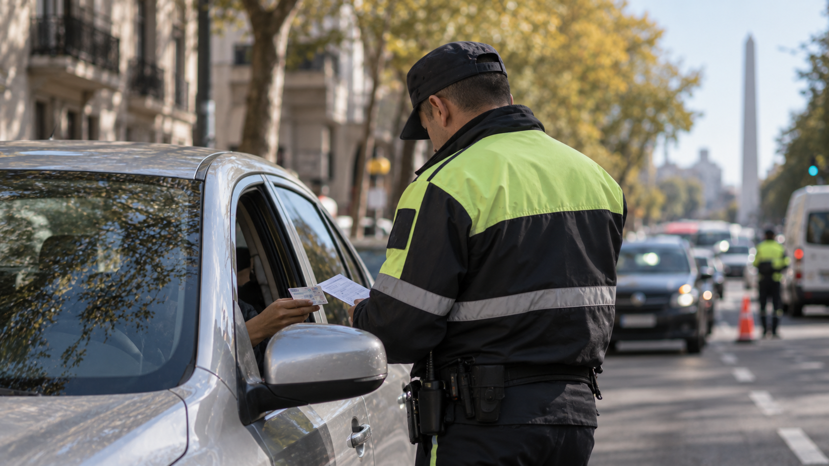 Agente de tránsito revisando documentación de un auto en un control